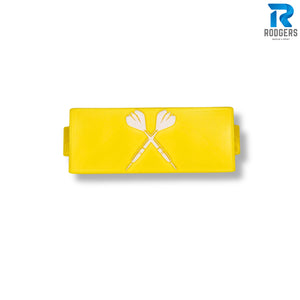 Close-up of yellow colour wall-mount dart holder