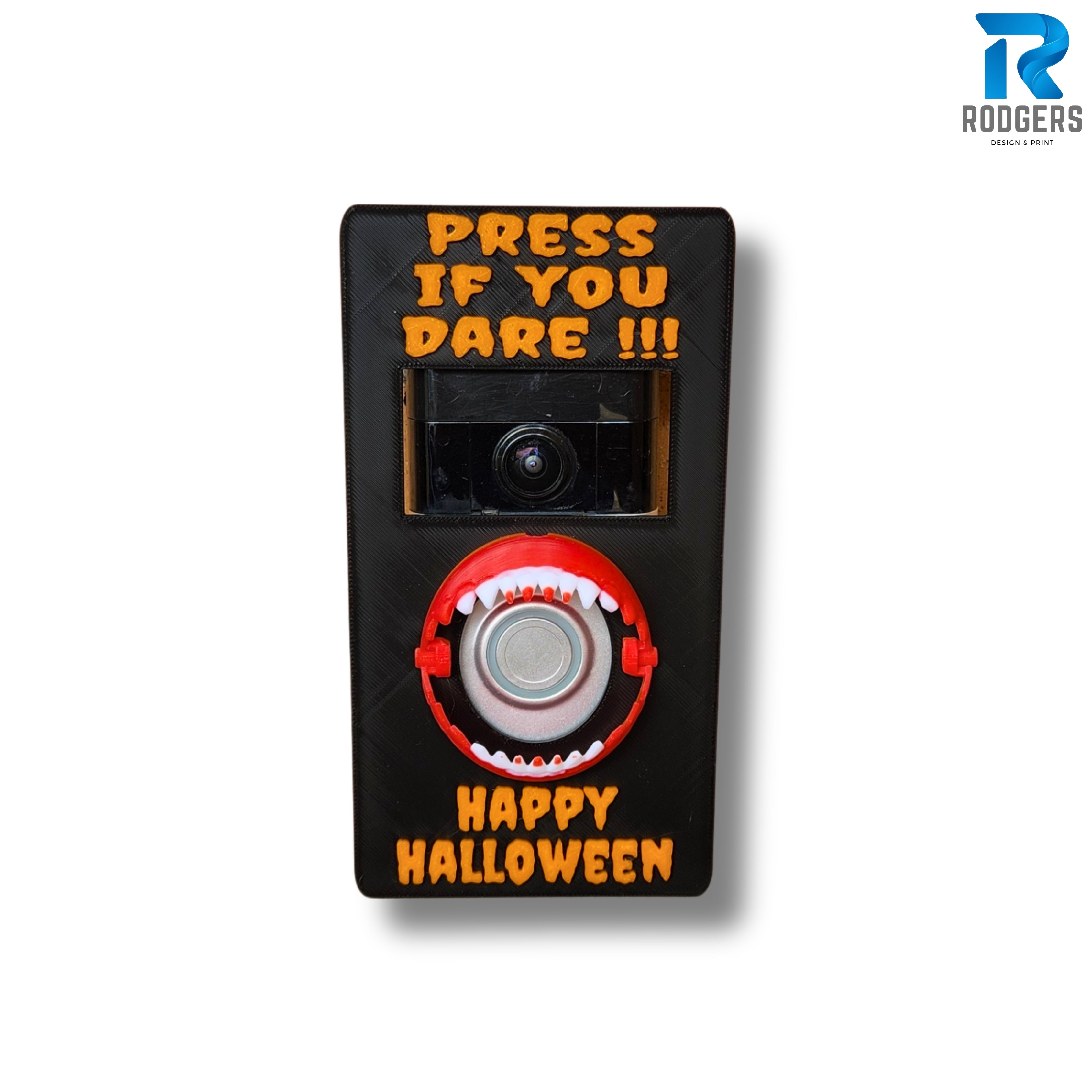 Halloween Ring doorbell cover / Faceplate for Ring Doorbell. Just sticks to your ring Doorbell and gives it some Halloween charm. Has cut outs for camera and button. There are scary teeth around the button to scare trick or treaters.